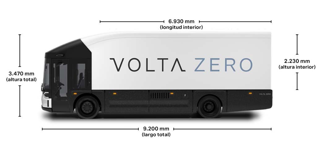 Dimensiones del furgón eléctrico de reparto para 16 T de MMA Volta Zero.