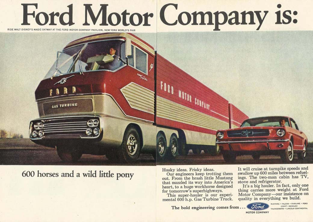 Durante la Feria Mundial de New York celebrada en 1964 las grandes atracciones de Ford fueron el deportivo Mustang junto al impresionante camión Big Red con motor a reacción y 600 CV de potencia.