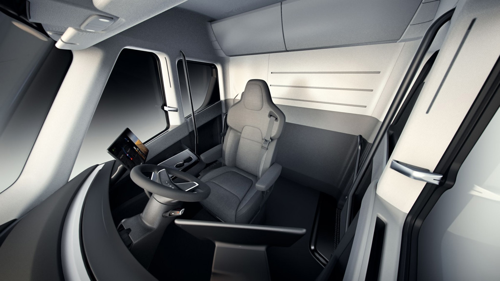 Interior monoplaza y sin litera del Tesla Semi Truck