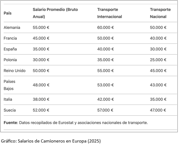 Tabla salarios de conductor profesional vehículos pesados (Camionero) en Europa 2025.