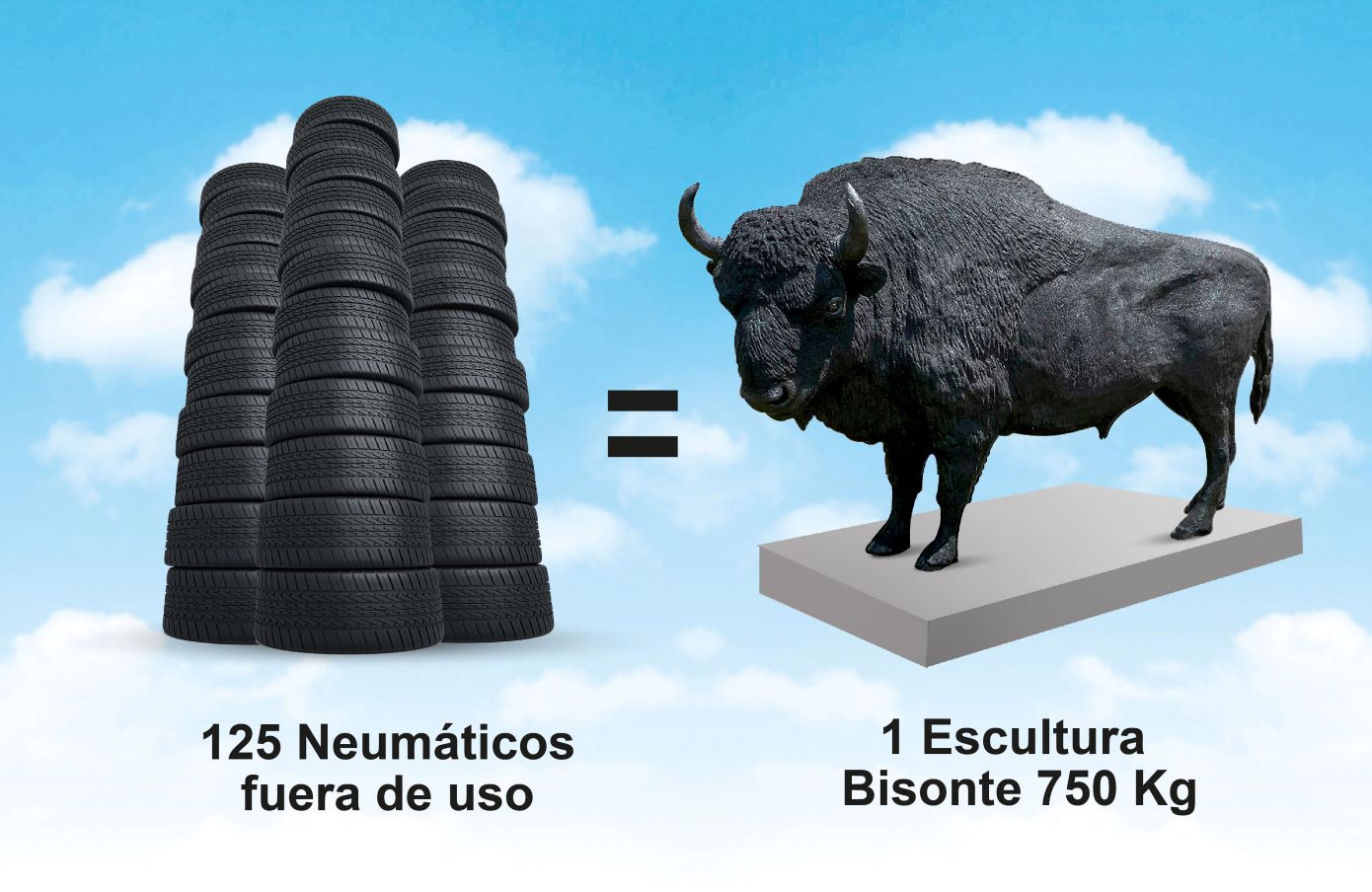 Un bisonte hecho con 125 neumáticos reciclados