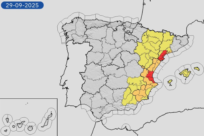 Alertas por Lluvias torrenciales en el Este de España a 29 Septiembre de 2025. Alertas por Lluvias torrenciales en el Este de España a 29 Septiembre de 2025.