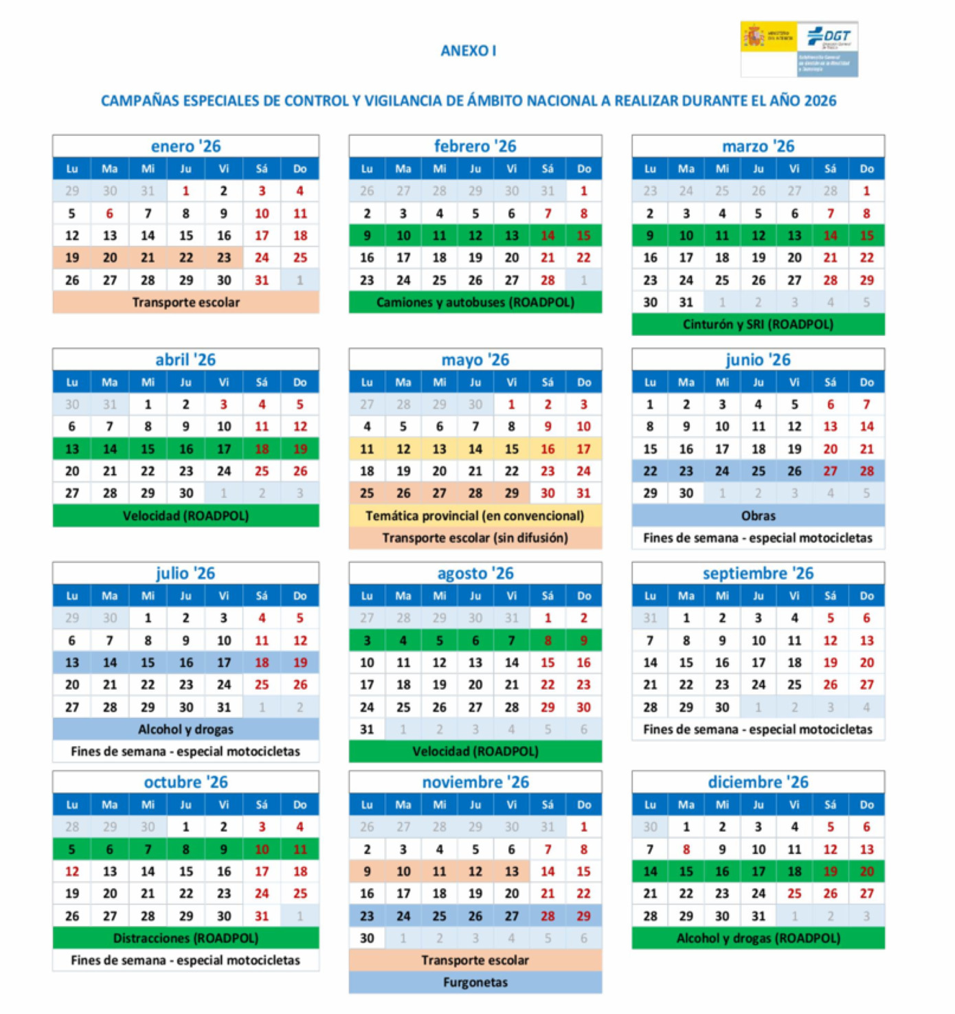 Campañas especiales de la DGT para 2026