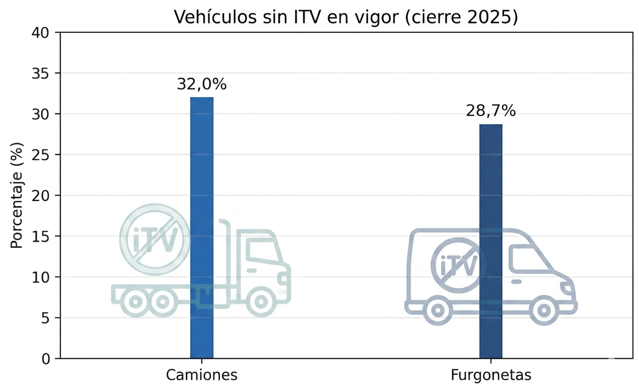 Tres de cada diez camiones y casi tres de cada diez furgonetas circularon sin ITV en vigor al cierre de 2025